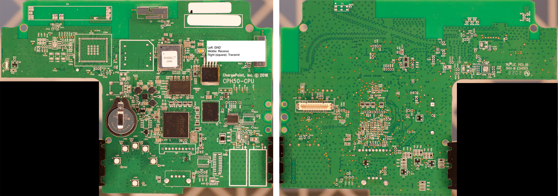 Front and back of a printed circuit board, which is the control board for the CPH50 EV charger